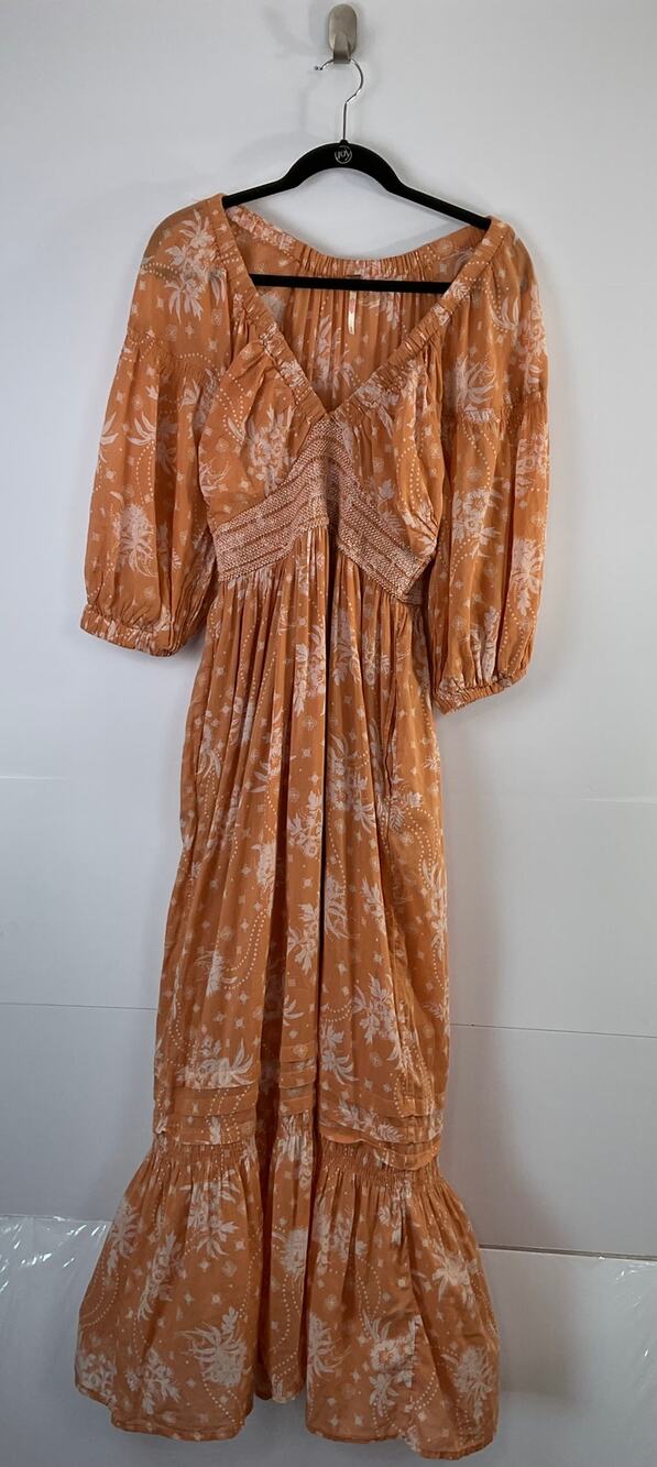 Free People Golden Hour Maxi Dress S Orange Floral Smocked Cotton